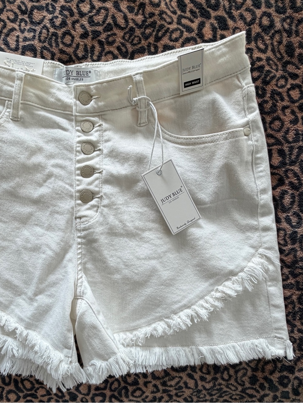 Judy Blue Cream High-Waist Frayed Button-Front Denim Shorts with high stretch